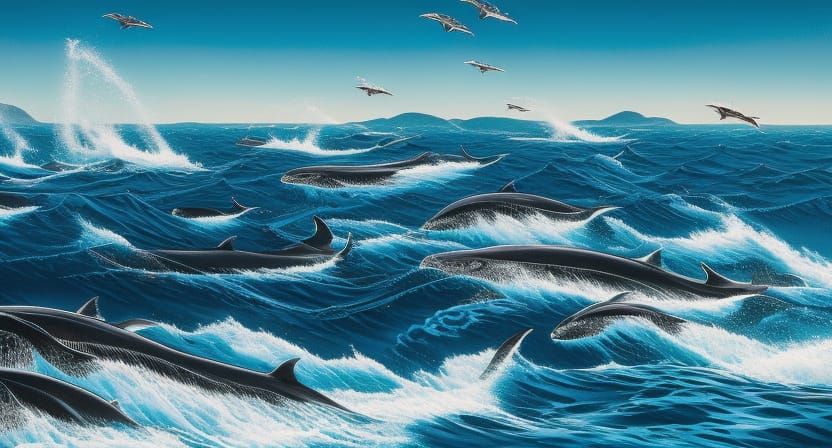 Whales Drifting on Choppy Seas: Aerial Oil Painting