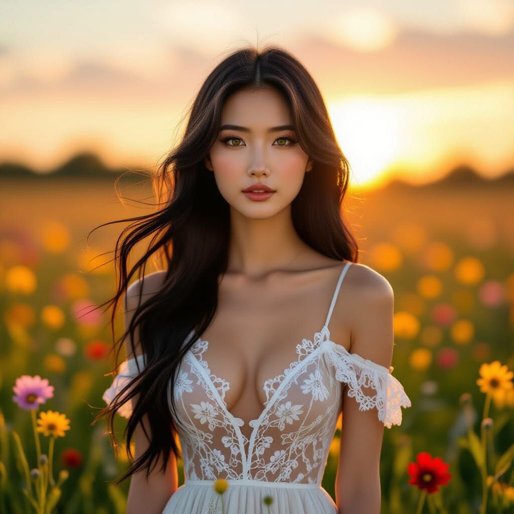 Japanese Woman in Wildflower Field at Dawn