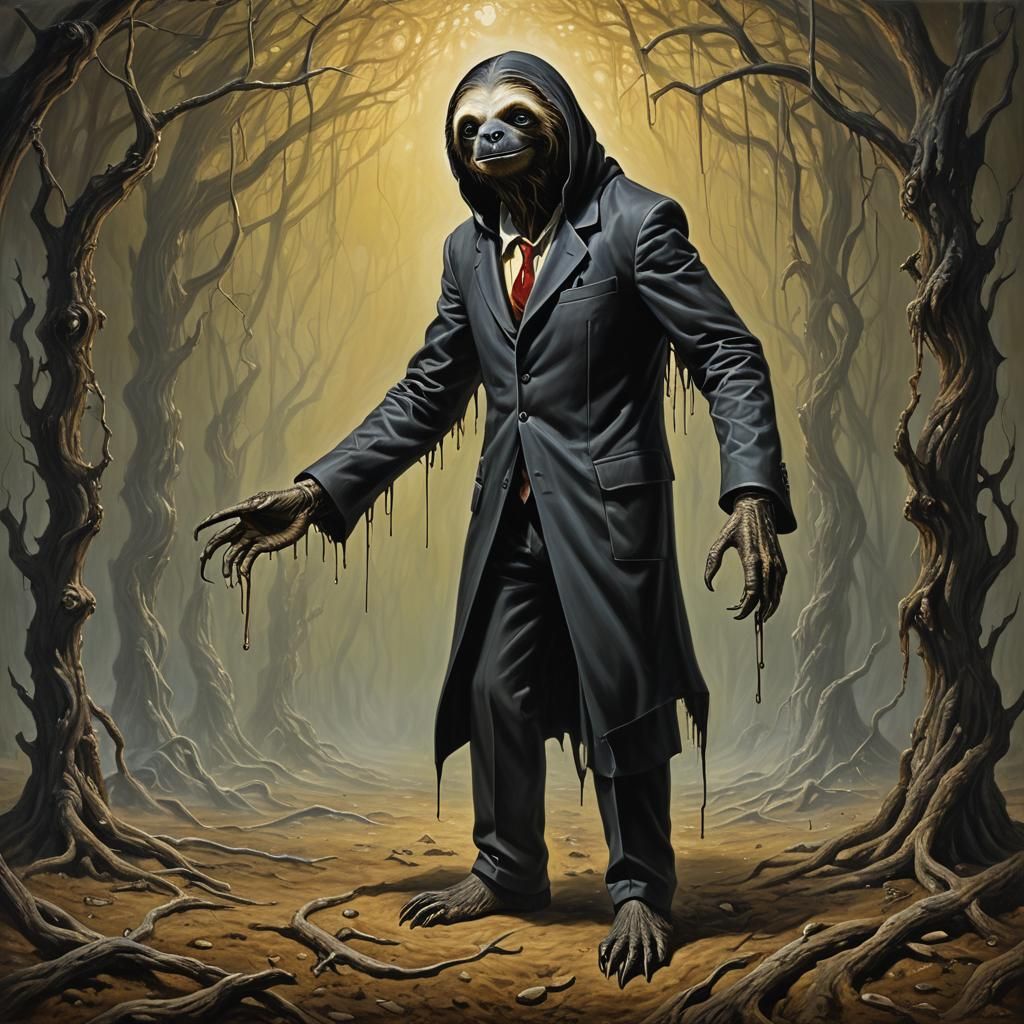 Sloth-like Professor Xorkanoff in Surreal Horror Style