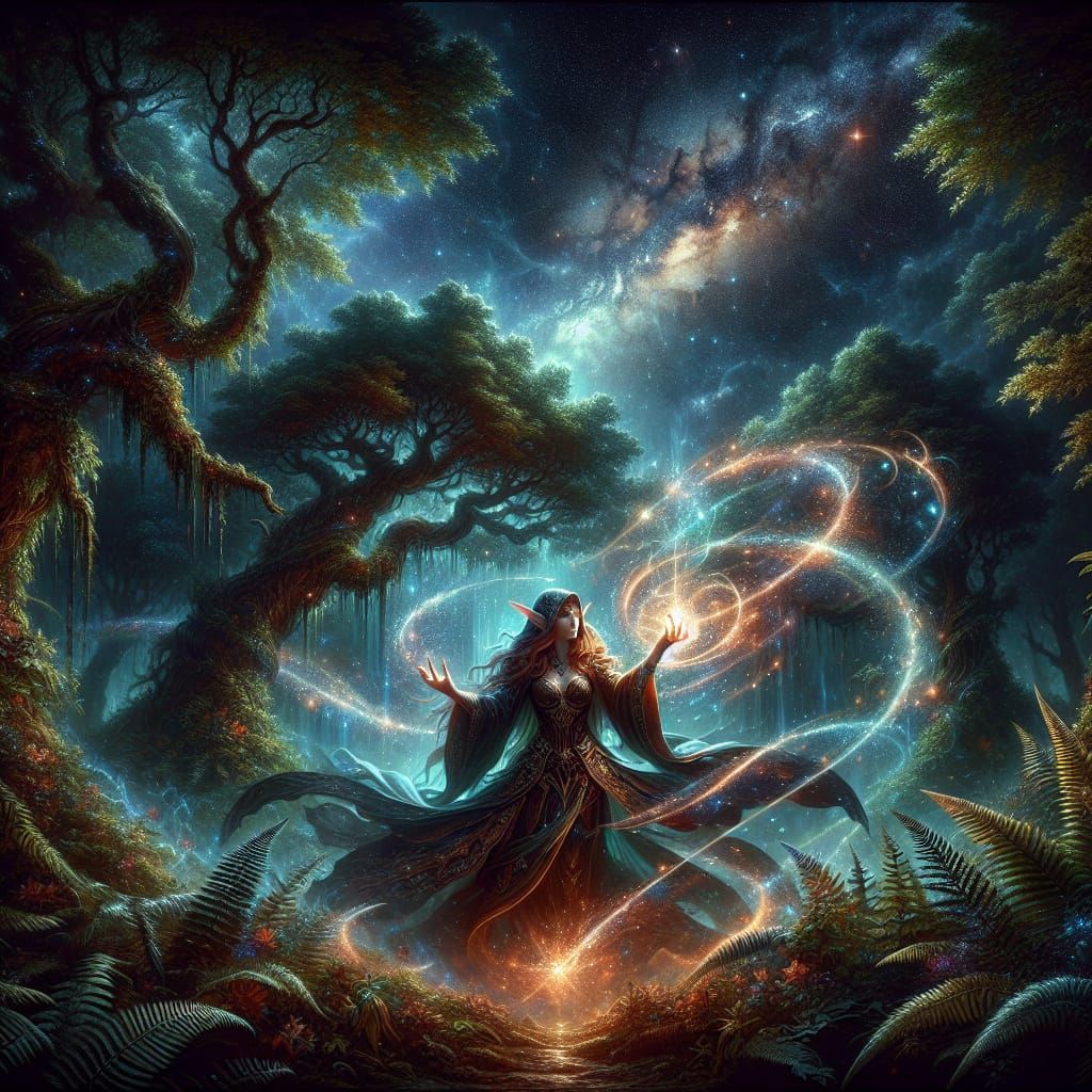 Elven Mage Casting Spell Under Galaxy, Digital Art