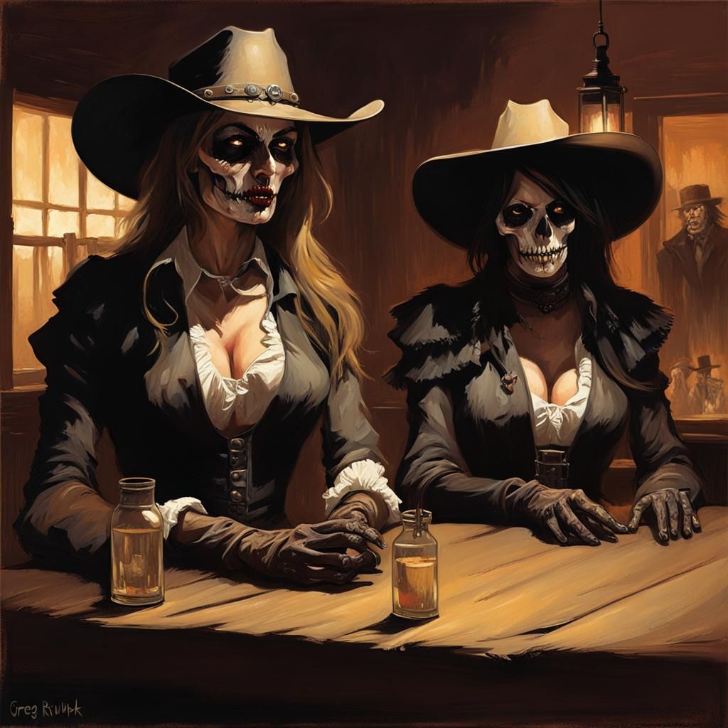 Sinister Undead Cowgirls in Old West Saloon