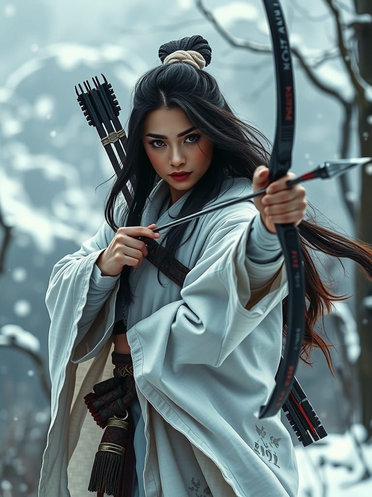 Haunting Japanese Warrior in Winter Forest, Digital Art