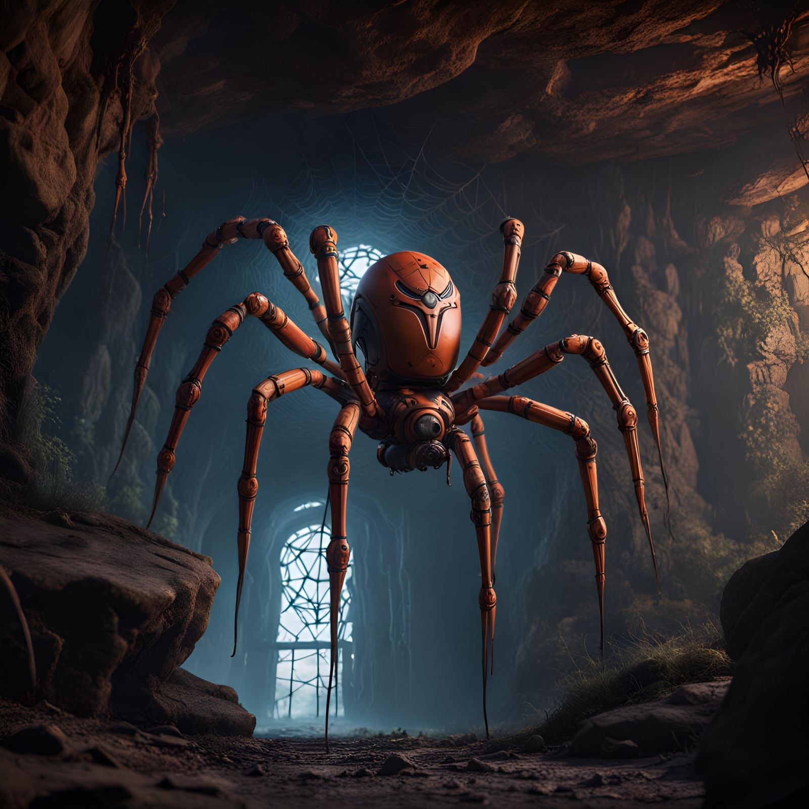 Robot Spider Guarding Cave Entrance: Detailed Matte Painting