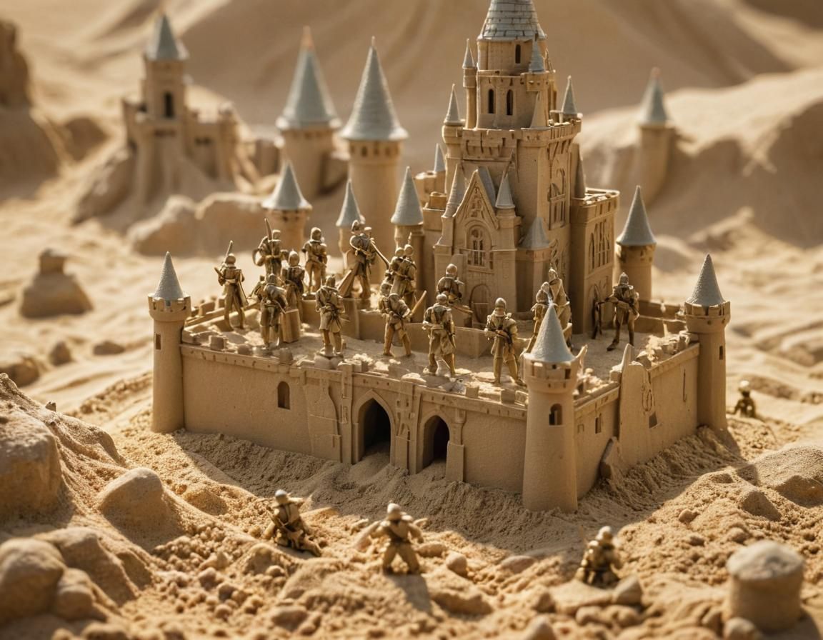 Toy Soldiers Defend Sandcastle Kingdom in Macro Diorama