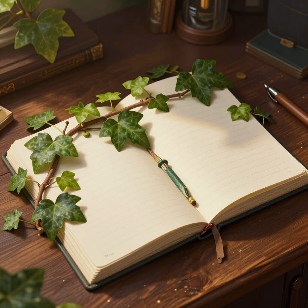 Ivy Draping Over Notebook on Hardwood Desk - Matte Painting