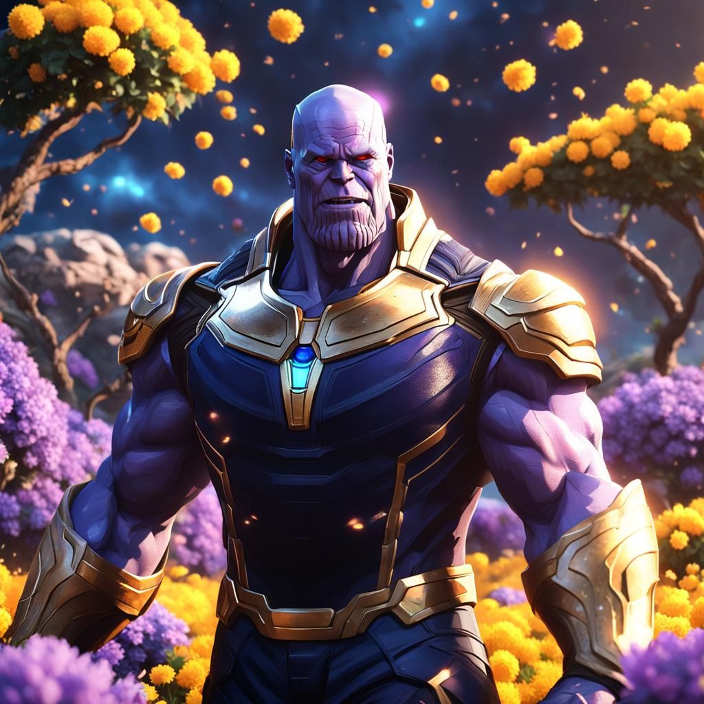 make a cinematic picture with smiling thanos in a infinity d...