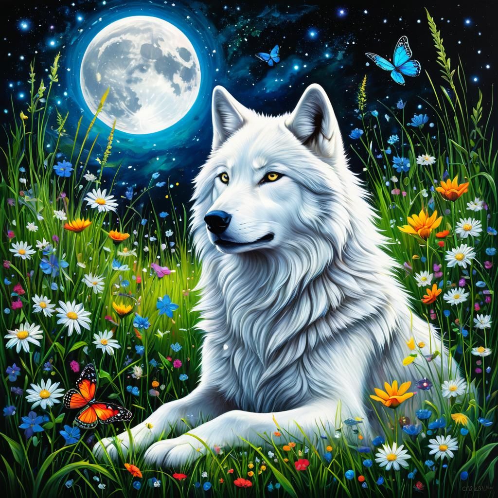 White Wolf in Wildflower Field: Naive Art