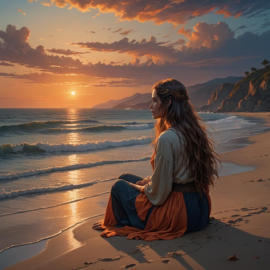 Girl on Beach Watching Sunset, Fantasy Matte Painting