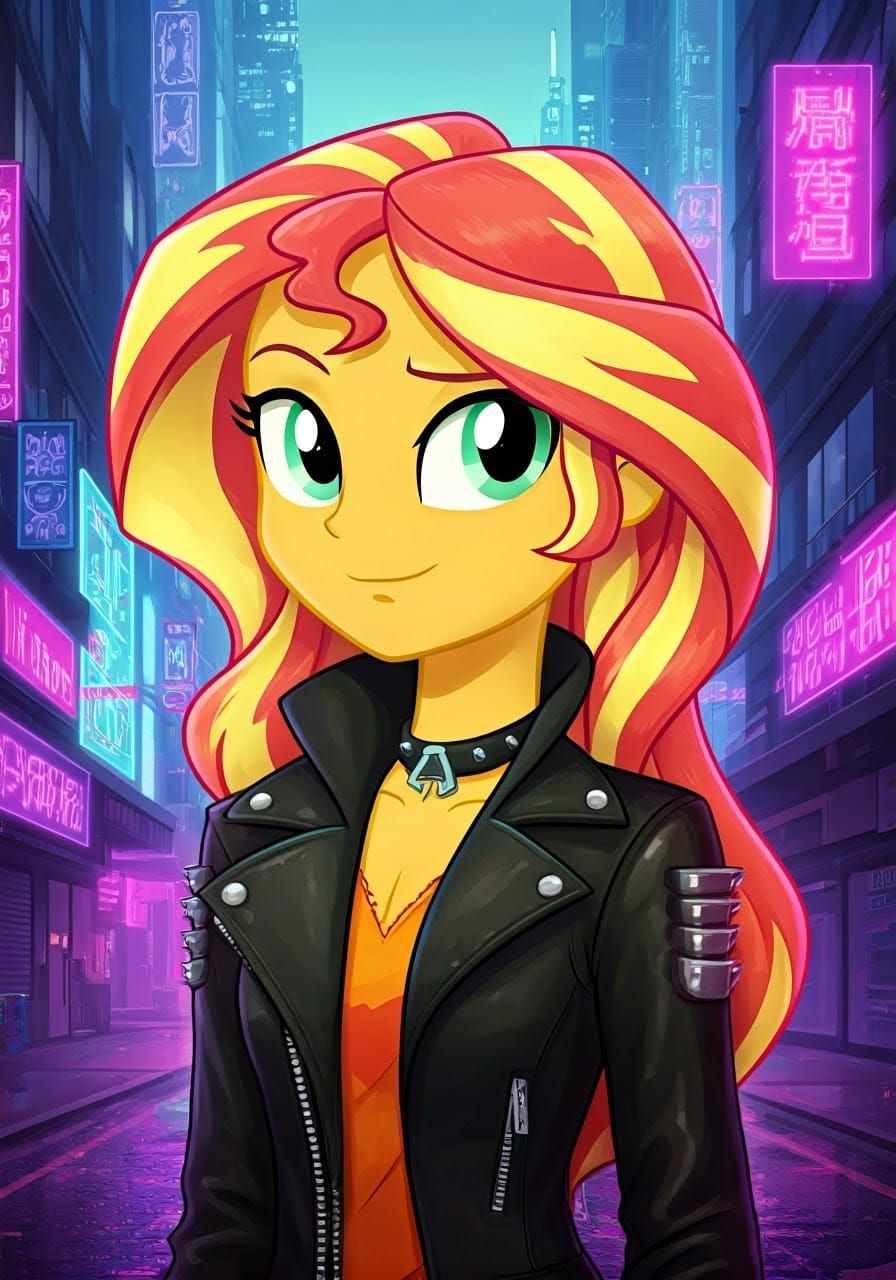 Sunset Shimmer in Cyberpunk Neon Cityscape