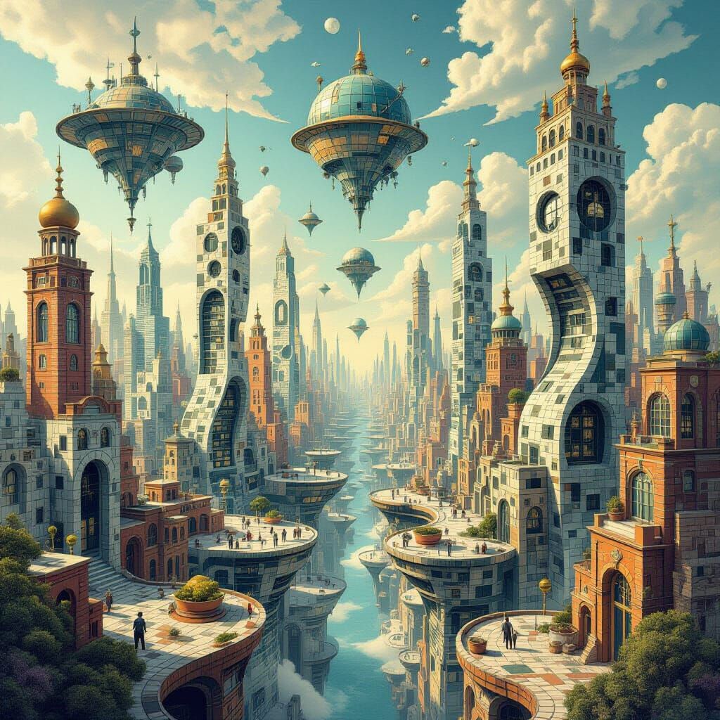 Surreal Cityscape with Impossible Geometry and Eerie Sky