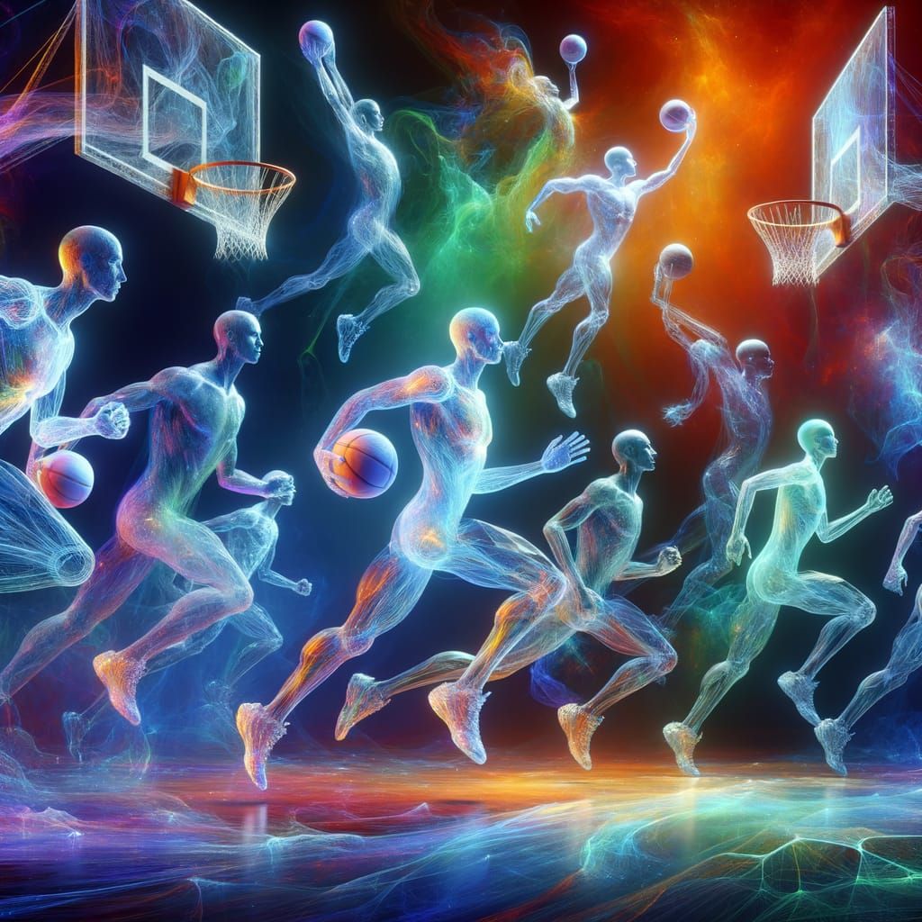 Ethereal Basketball Scene with Translucent Figures