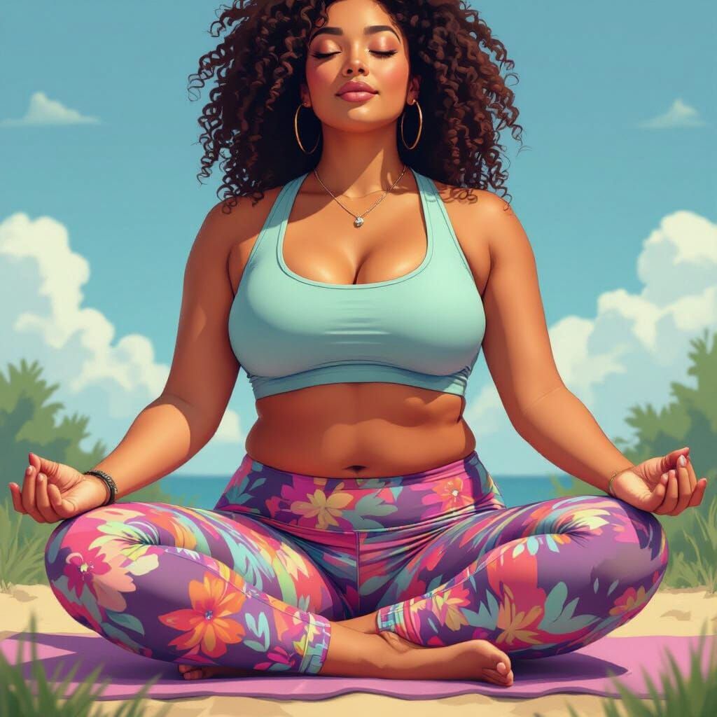 Plus Size Woman Doing Yoga in Vibrant Digital Art