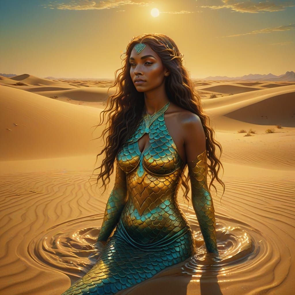 Mermaid in Desert Oasis: Oil Painting Concept Art