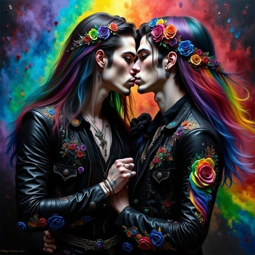 Gothic Metalheads Embrace in Rainbow Glitter Portrait