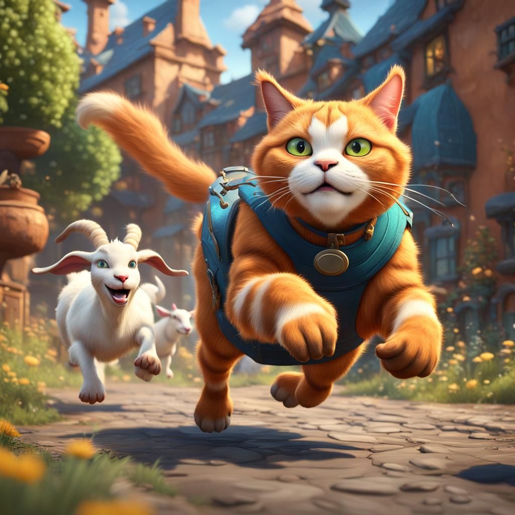 Ginger Cat Pursuing Goat, Pixar Style Animation