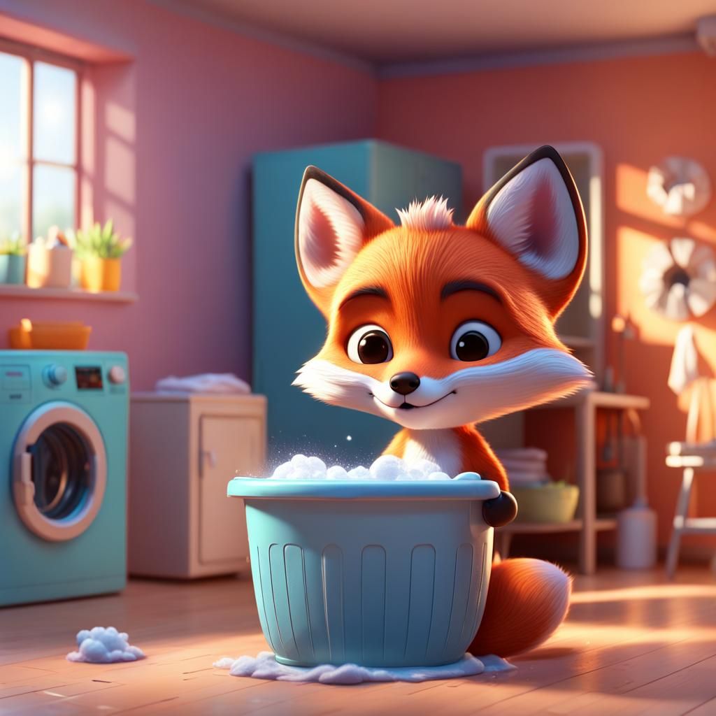Cute Baby Fox Doing Laundry as 3D Digital Art
