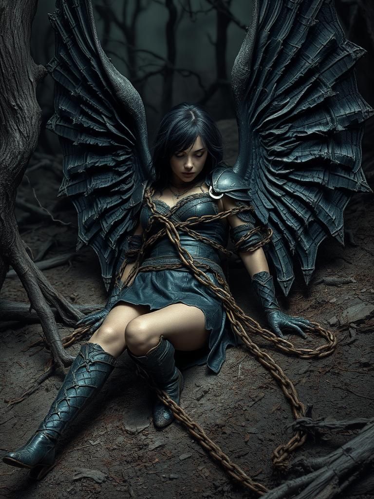 Fallen Angel Bound in Chains on Barren Land