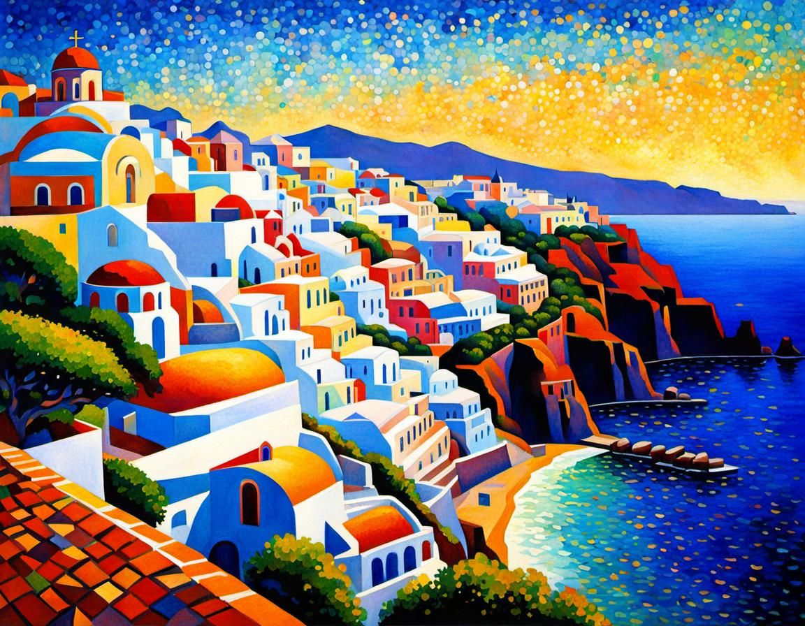 Santorini Coastal Town in Pointillism Style