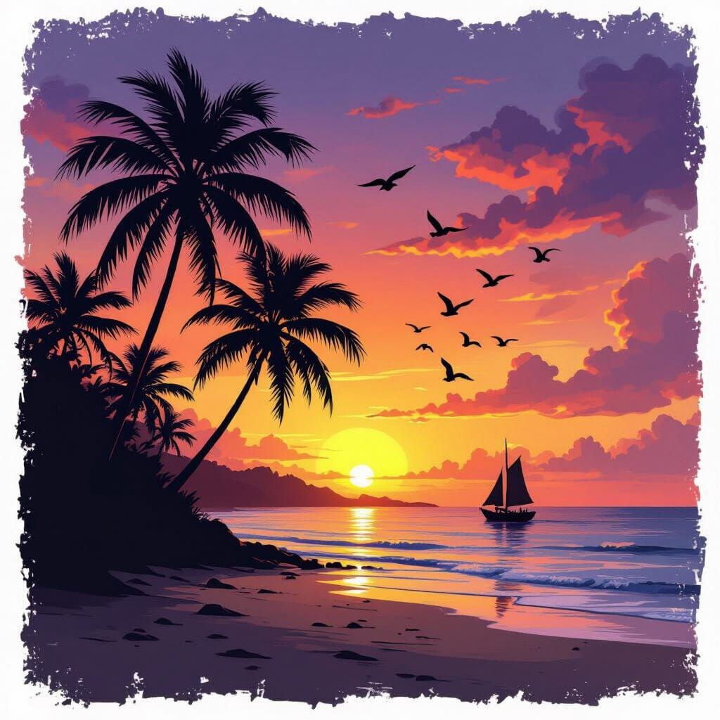 Vibrant Sunset Beach Scene with Coconut Trees and Distant Bo...