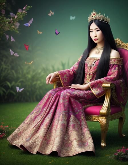 Oriental Woman on Throne with Birds and Flowers
