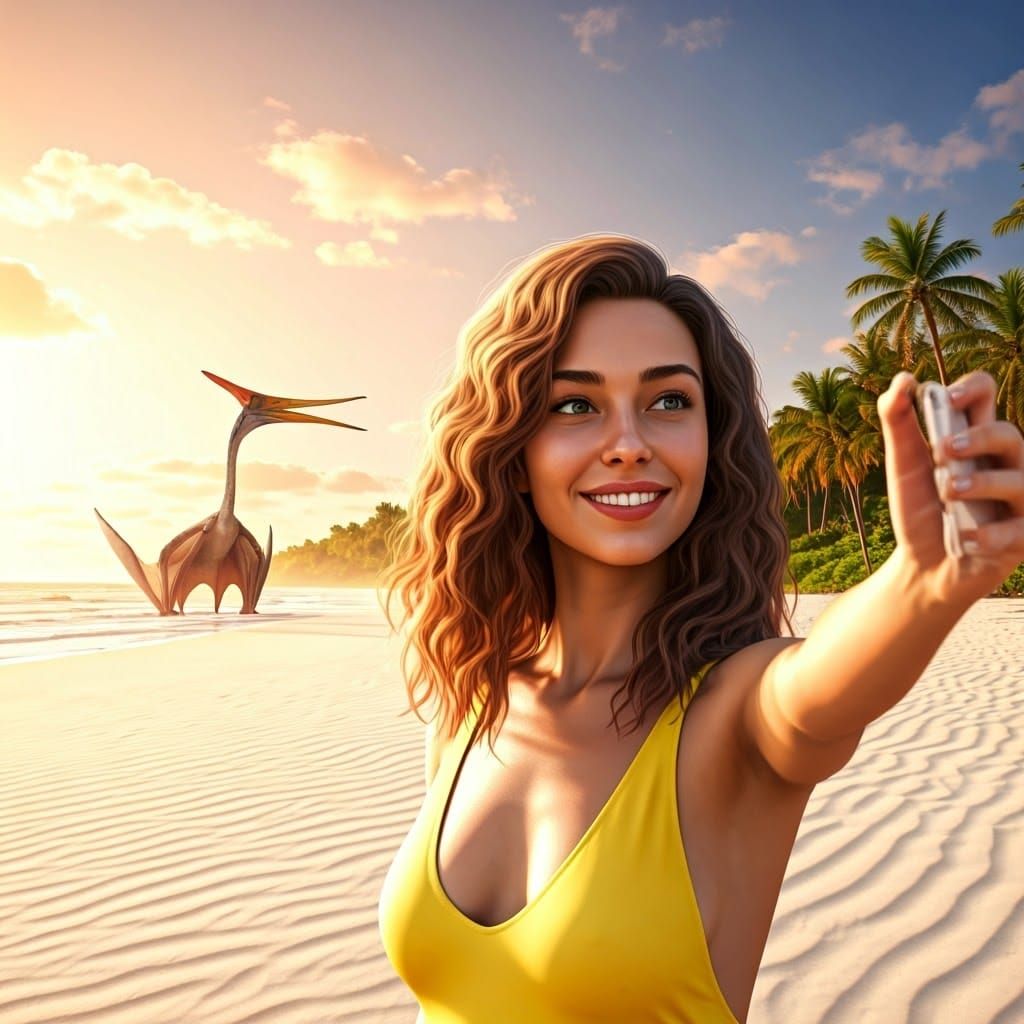 Selfie with Pterosaur on Tropical Beach