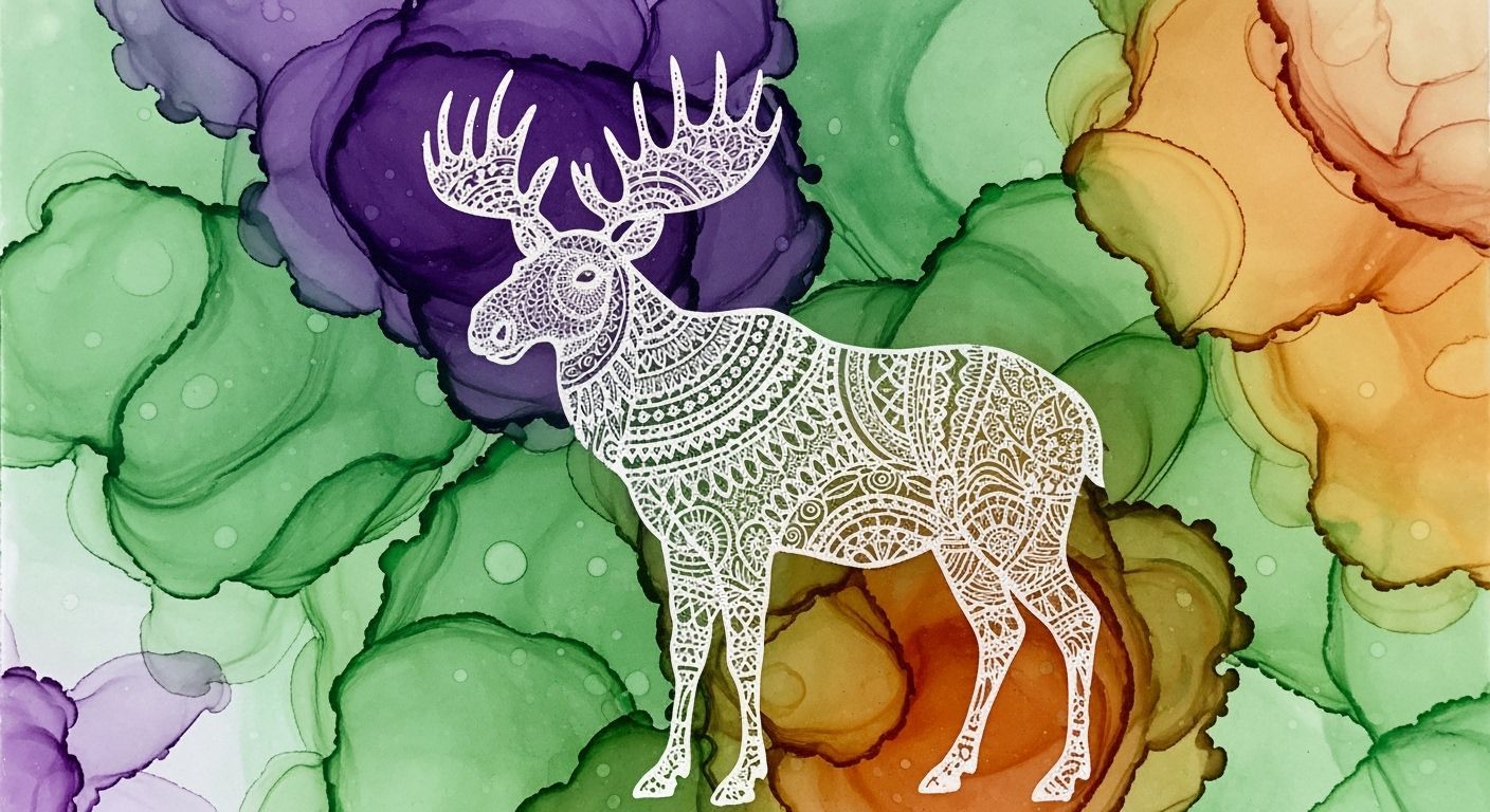 Vibrant Alcohol Ink Art with White Moose Stencil