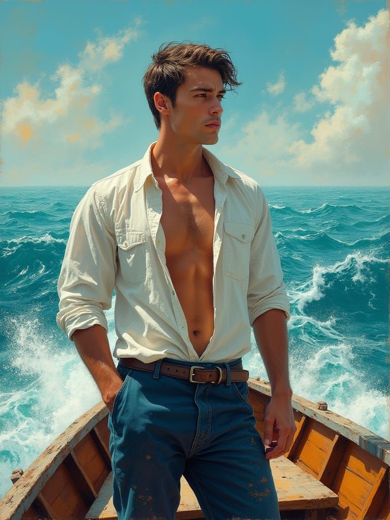 Determined Sailor Stands Firm in Weathered Boat