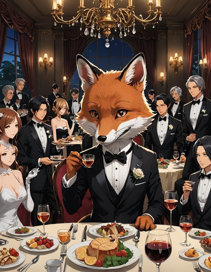 Fox in Tuxedo at Dinner Party, Anime Style