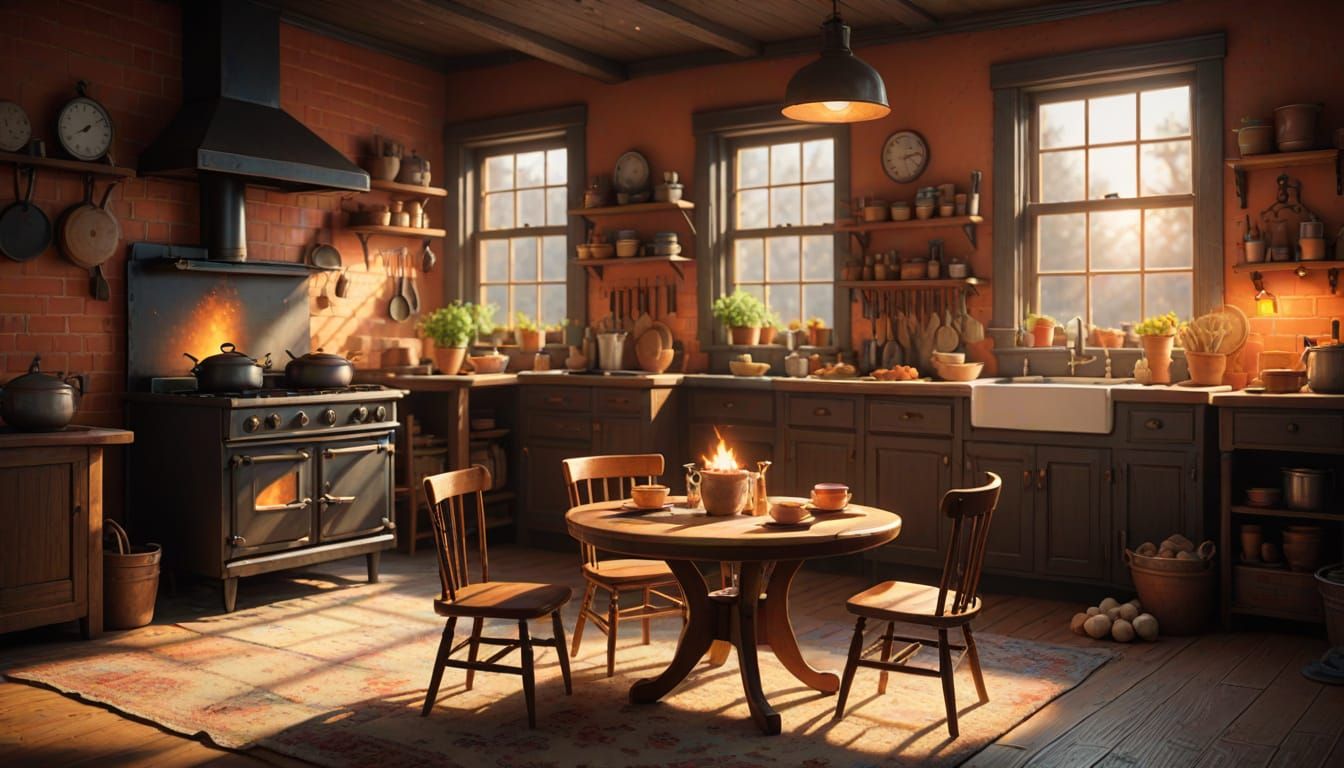 Warm and Cozy Kitchen Scene in Vibrant Digital Art