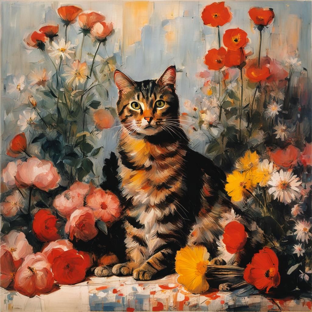 Whimsical Robert Rauschenberg-Inspired Scene with Cute Cat a...