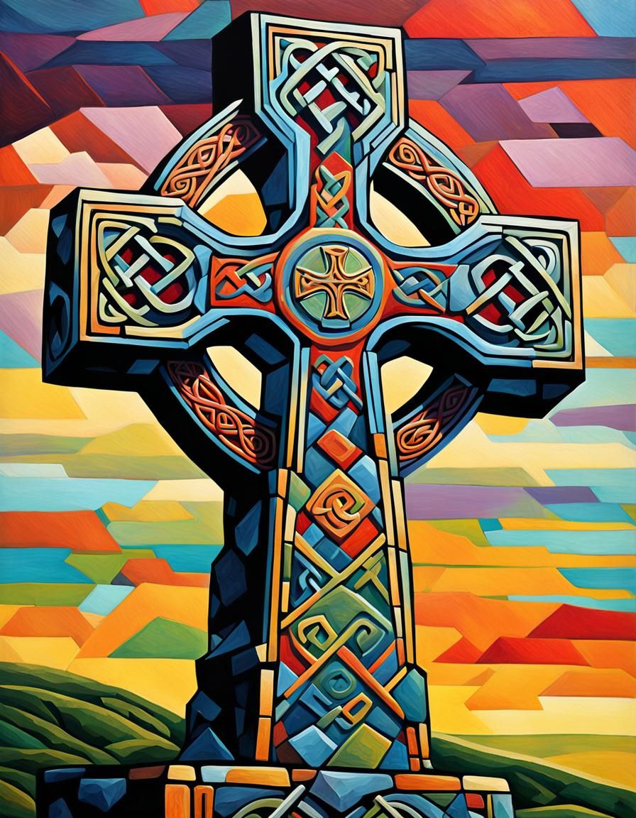 Cubist Stone Celtic Cross in Cornish Landscape