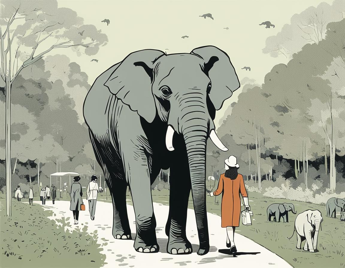 Woman Walking Elephants in Park Illustration