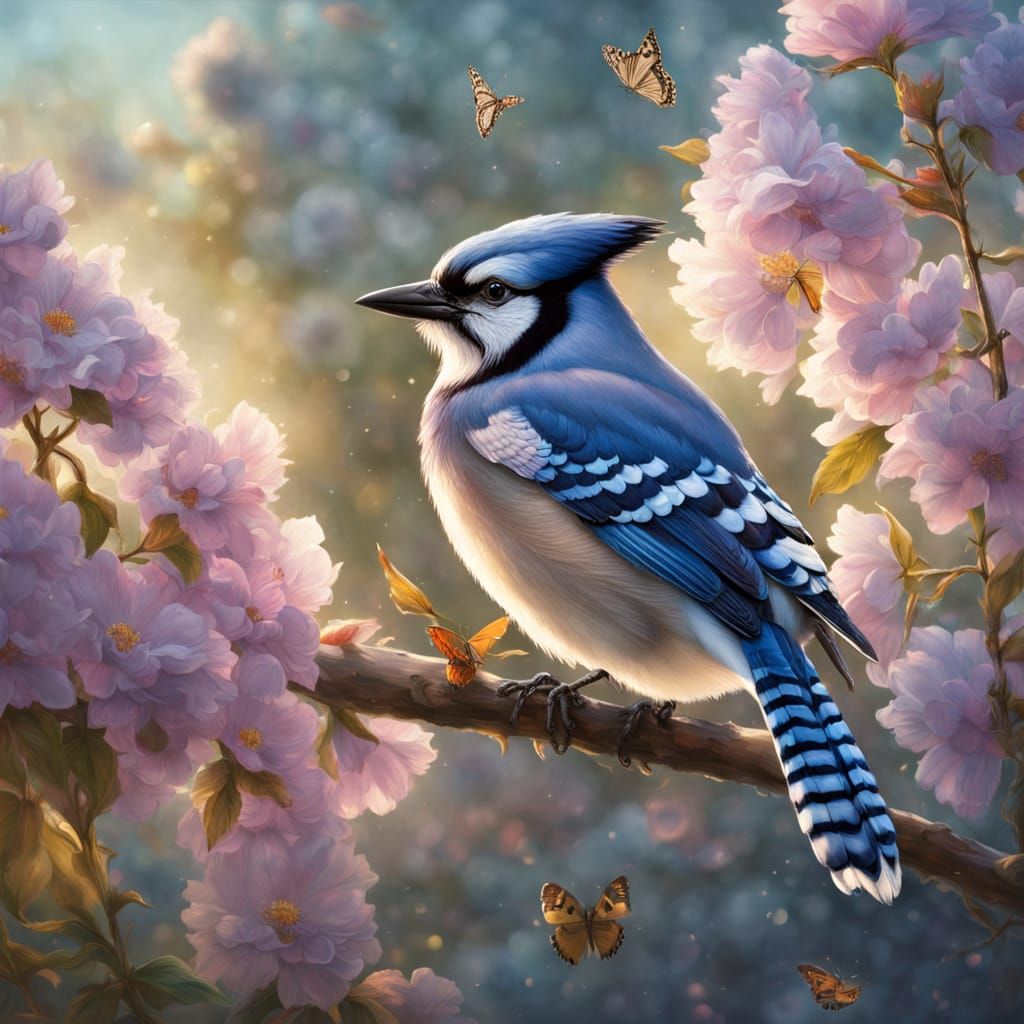 Serene Morning Bluejay in Vibrant Floral Setting