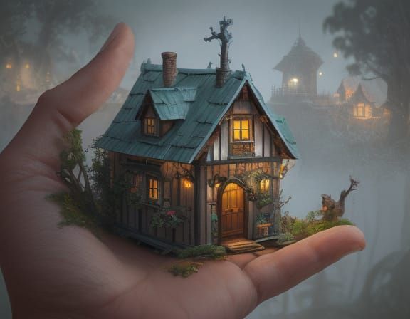 Tiny House on Giant Hand: Whimsical Macro Concept Art