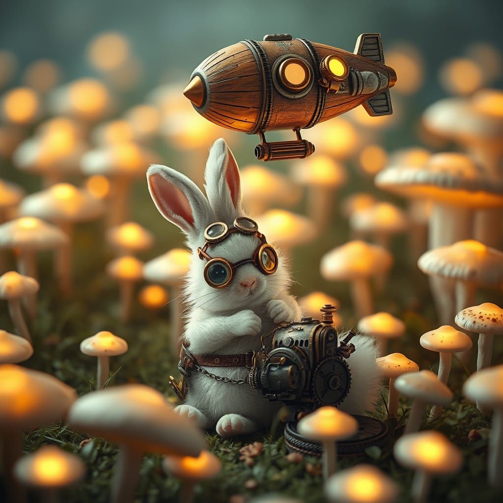 Pastel Bunny Repairs Steampunk Airship, Anime Style