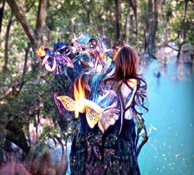 Surreal Landscape with Golden Threads and Glowing Eyes