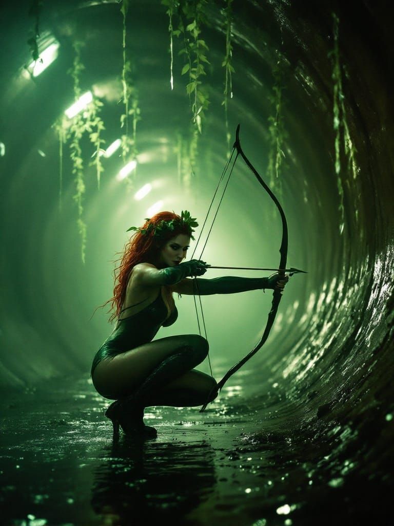 Poison Ivy Readies Arrow in Sewer, Cinematic Style