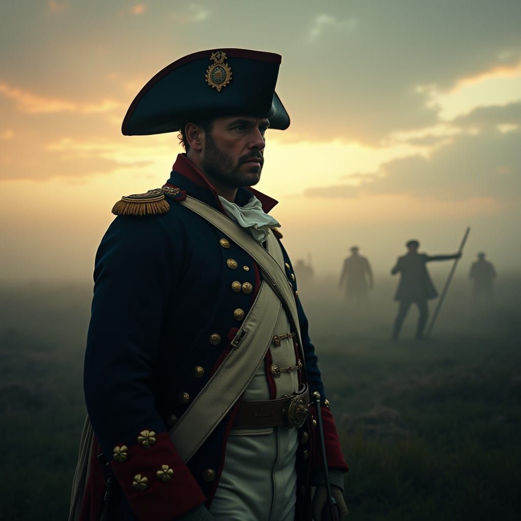 Suspicious Napoleonic Soldier in Foggy Battlefield at Dusk
