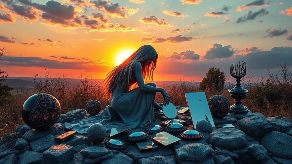 Surreal Fragmented Sculpture of Woman at Sunset