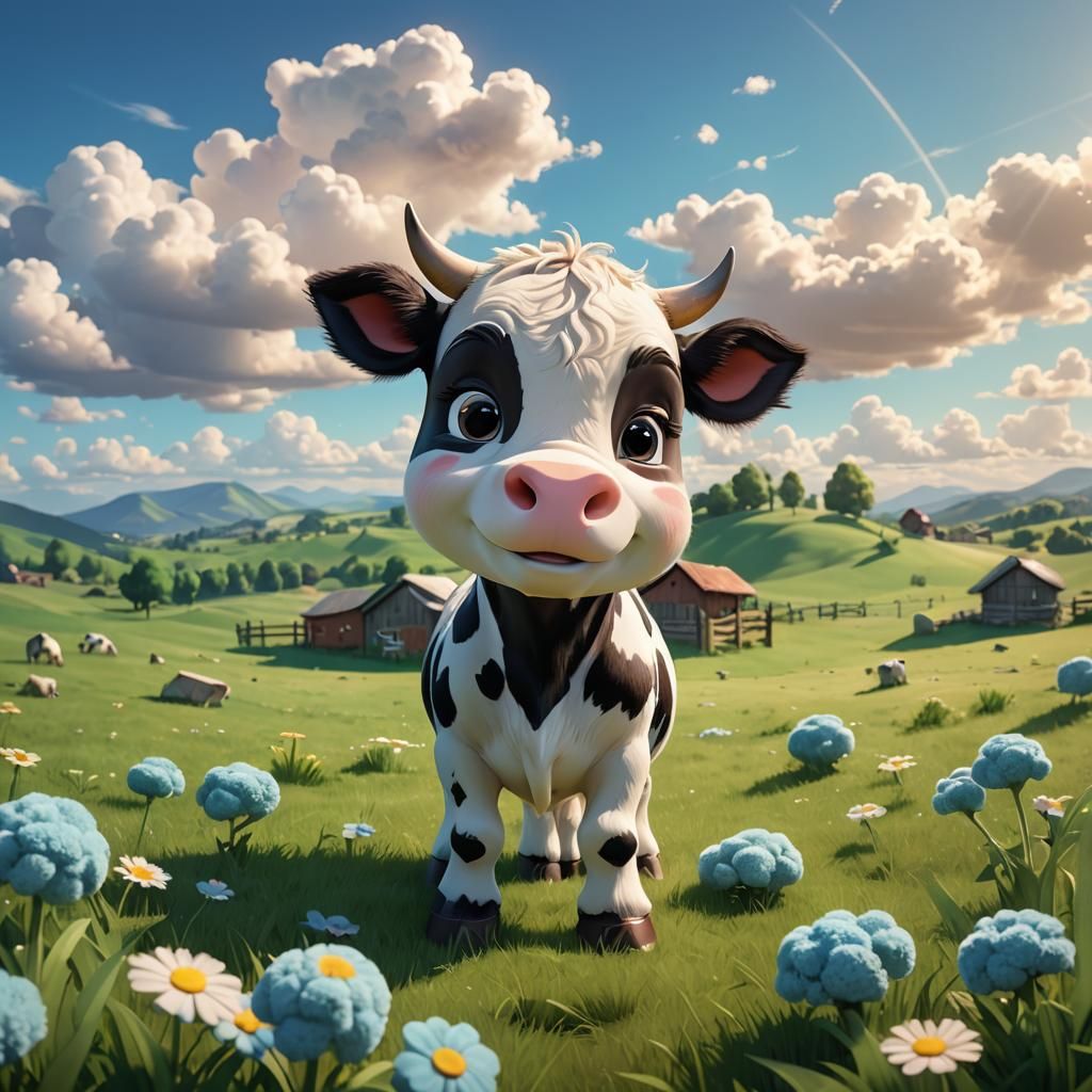 Chibi cow in a pasture with fluffy clouds and sunshine. Pixa...
