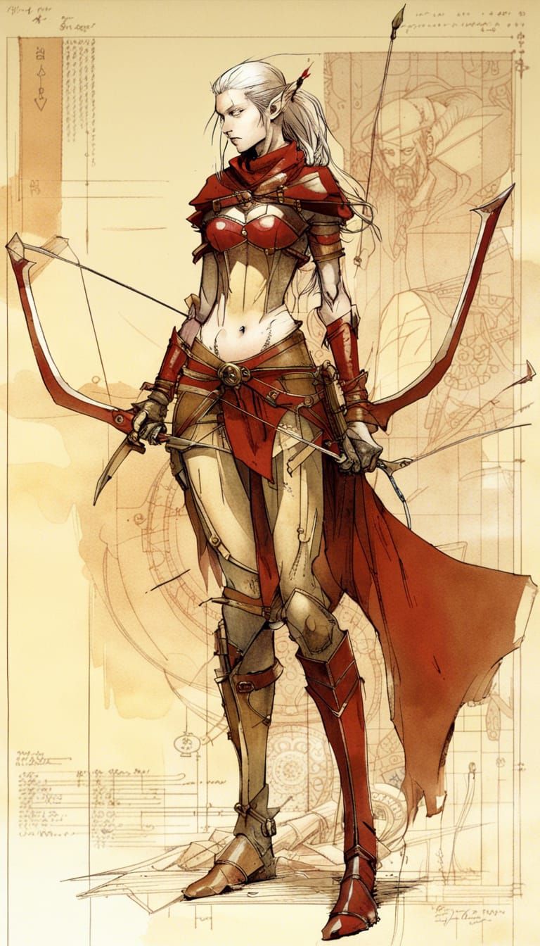 Beautiful Half-Elf Archer in Detailed Schematic Setting