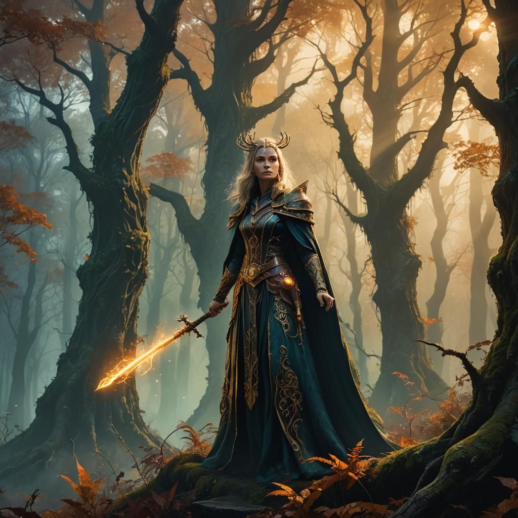 Sorceress Controls Forest Growth in Fantasy Landscape