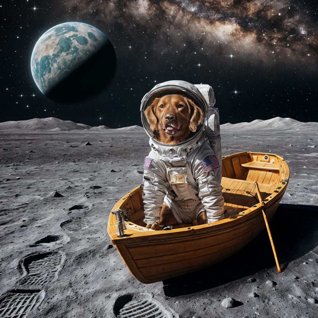 Dog Astronaut in Boat on Moon