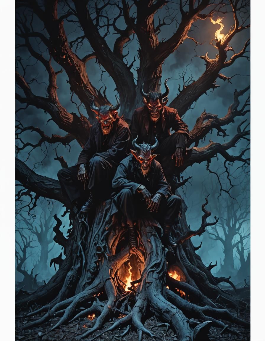 Devils on Twisted Tree in Gothic Horror Scene