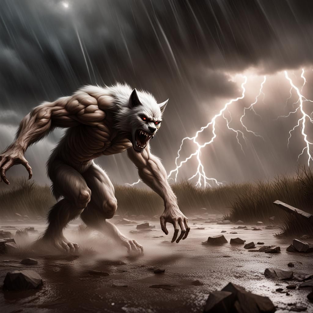 Werewolf Battle in Thunderstorm: Photorealistic 8K Resolutio...