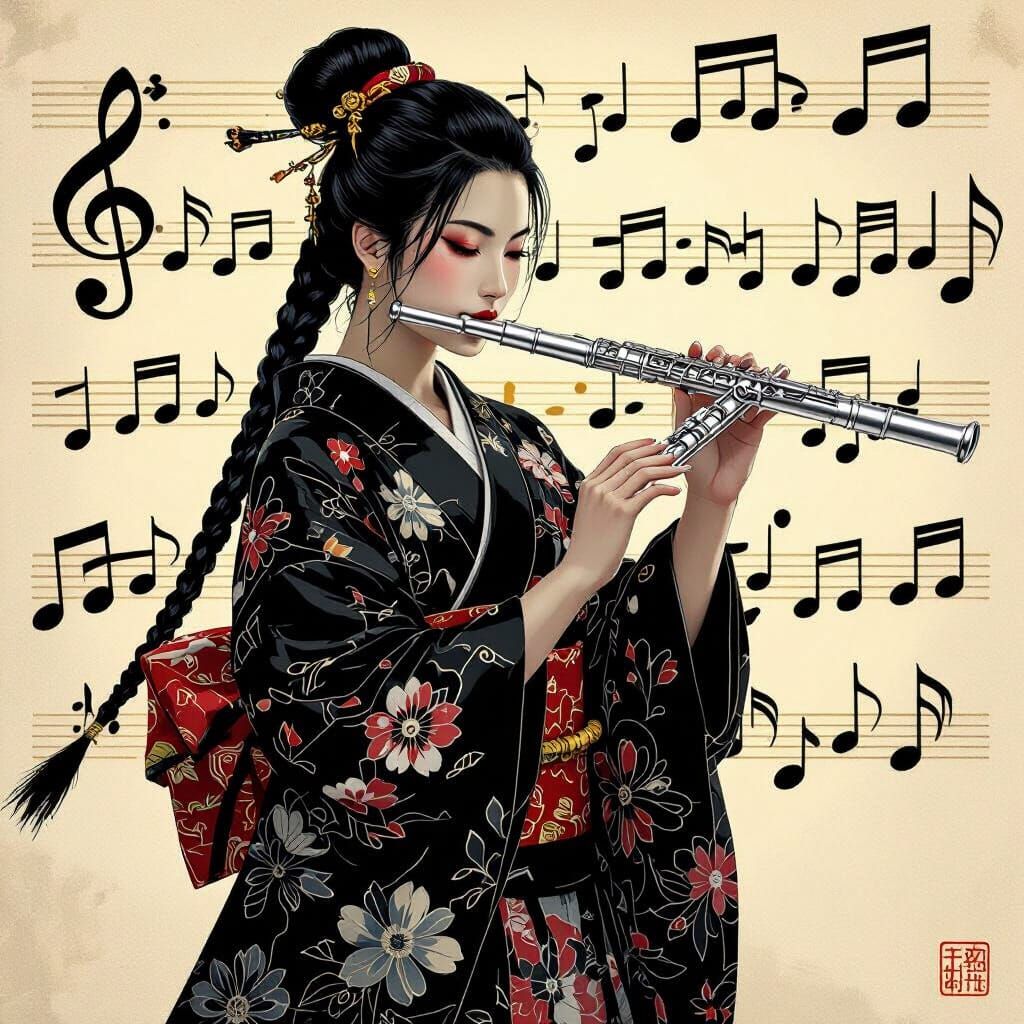 Black Female Samurai Playing Flute in Floral Kimono
