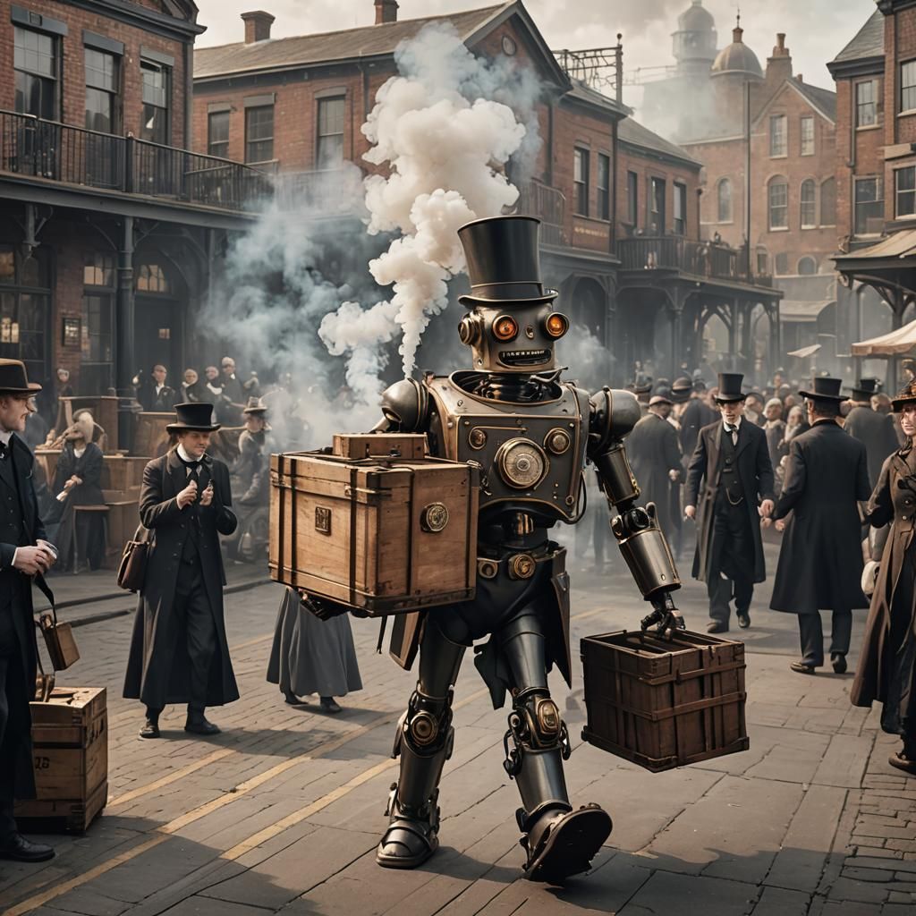 Steampunk Robot Working on Victorian Dockside