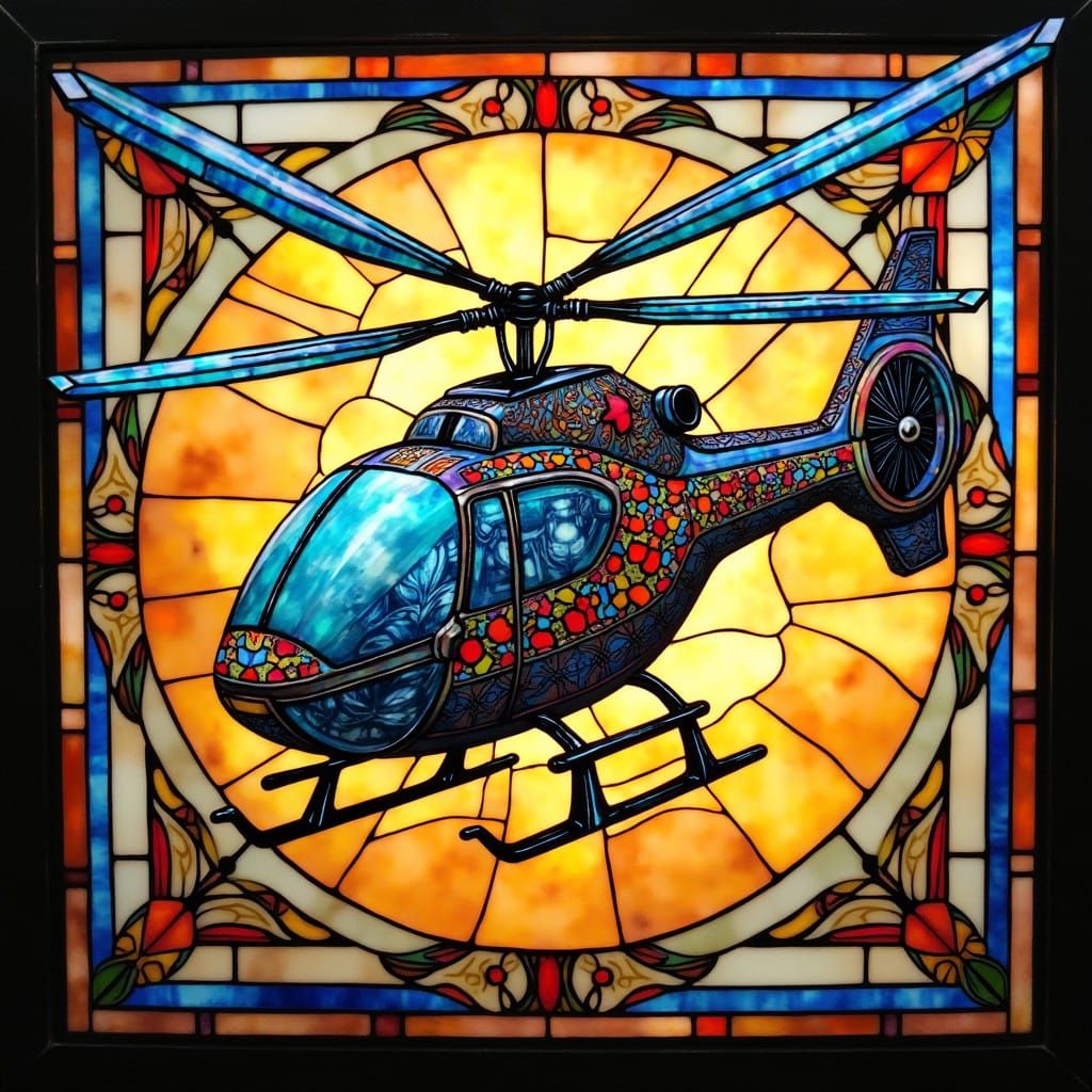 Vibrant Stained Glass Helicopter in Square Format