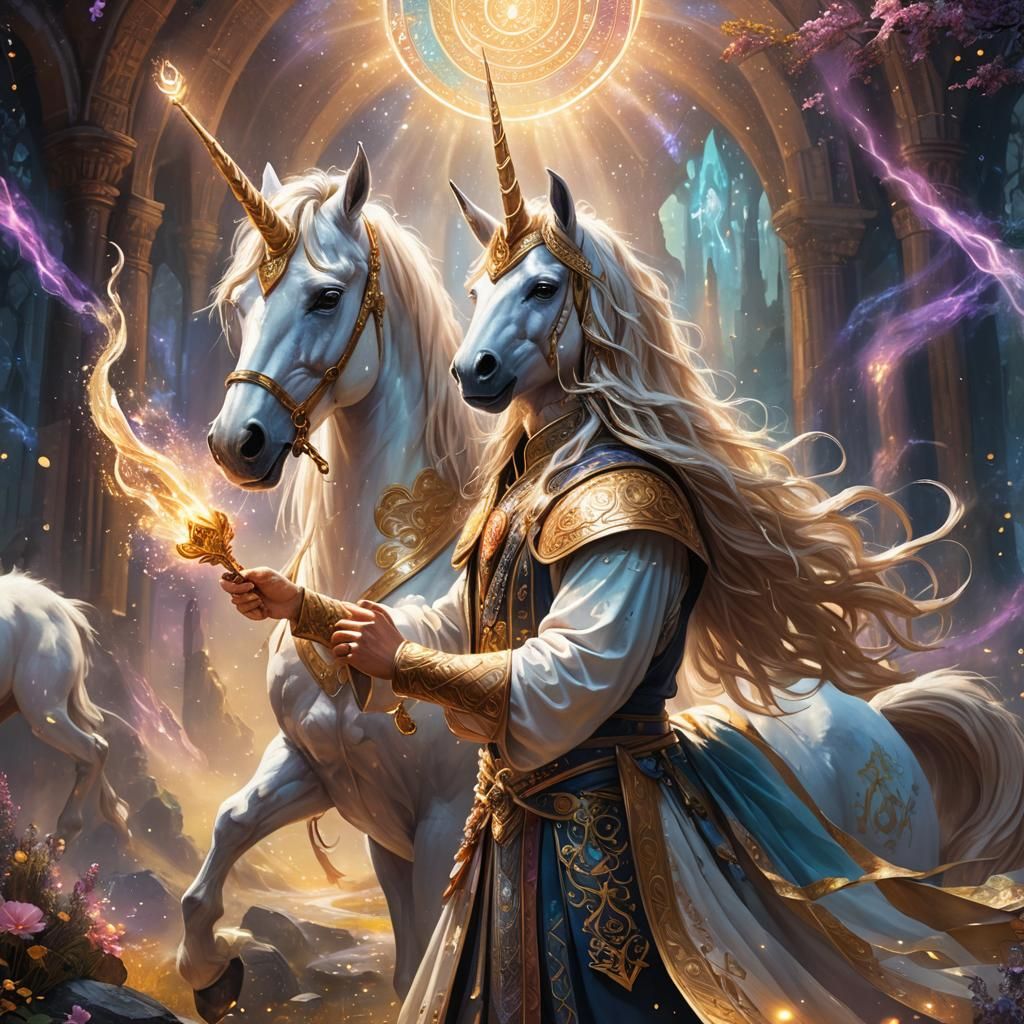 Mystical Seeker and Unicorn in Art Nouveau Style