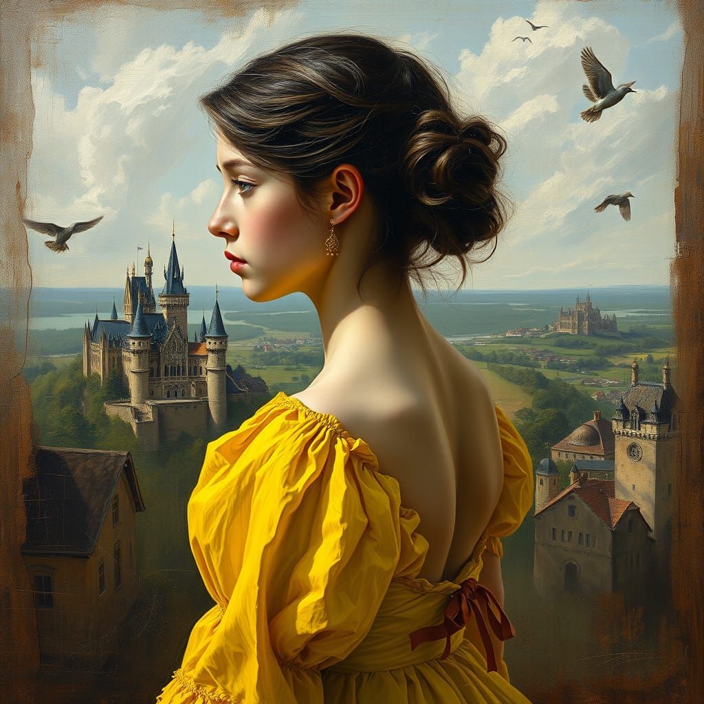 Princess Overlooking Kingdom in Neo-Impressionist Style